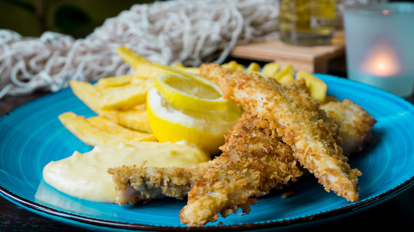 Fish & Chips vom Wolfsbarsch mit Zitronen-Mayonnaise